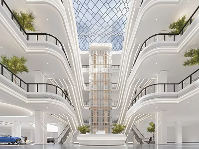 Modern Shopping Mall Lobby With Multi Story Balconies Glass Skylight Central Elevator And Green Plants 3d model