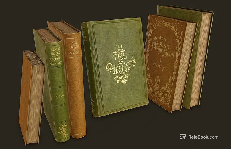 Vintage Books Collection With Green Brown Covers And Gold Lettering Design 3d model 