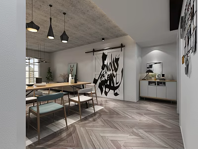 Modern Open Restaurant Interior With Pendant Lights Blackboard Wall Calligraphy Dining Table And Herringbone Floor 3d model