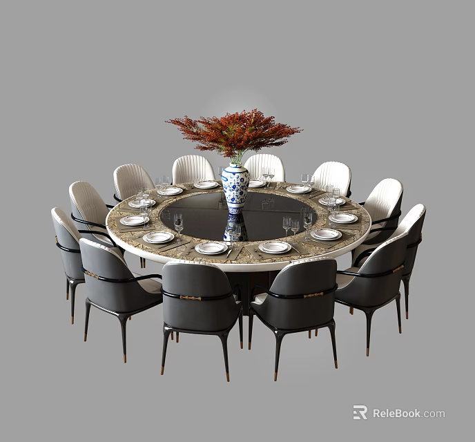 Elegant Round Dining Table Set With Chairs Vase Red Flowers And Plates 3d model