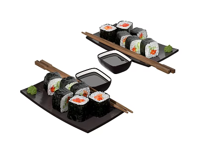 Delicious Fresh Sushi Rolls With Soy Sauce And Chopsticks On Black Plates 3d model