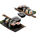 Delicious Fresh Sushi Rolls With Soy Sauce And Chopsticks On Black Plates