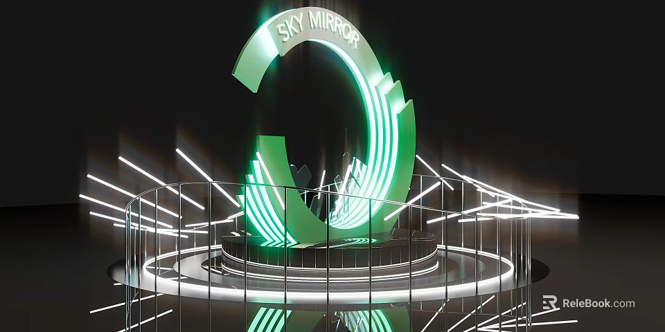 Green Circular Neon Light Ornament Decoration Set With Metal Railings And Reflective Base 3d model 