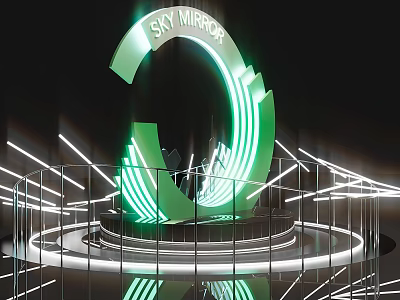 Green Circular Neon Light Ornament Decoration Set With Metal Railings And Reflective Base 3d model