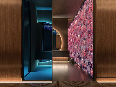 Modern Hotel Bathroom Interior Design With Blue Lighting Pink Patterned Wall And Round Mirror 3d model