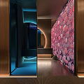 Modern Hotel Bathroom Interior Design With Blue Lighting Pink Patterned Wall And Round Mirror 3d model