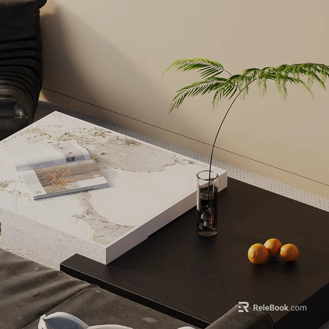 Stylish Black Leather Sofa Coffee Table Set With Marble Top Magazines Plant Vase And Oranges 3d model 