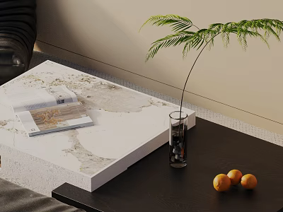 Stylish Black Leather Sofa Coffee Table Set With Marble Top Magazines Plant Vase And Oranges 3d model