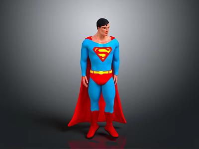Male Superhero in Blue Costume with Red S Symbol Red Cape and Boots Standing on Gray Background 3d model