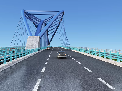 Modern Blue Cable Stayed Bridge With Cars Guardrails And Water Surface Under Sky 3d model