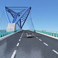 Modern Blue Cable Stayed Bridge With Cars Guardrails And Water Surface Under Sky