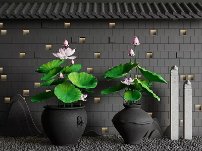 Traditional Water Fountain With Lotus Flowers Black Ceramic Pots Gray Brick Wall And Stone Pebbles 3d model