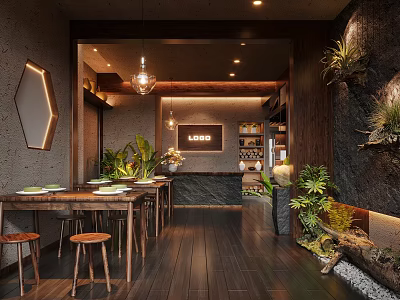 Elegant Modern Restaurant Interior Design With Wooden Tables Green Plants And Pendant Lights 3d model