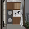 Modern Home Balcony With Wooden Cabinets Washing Machine Sink Round Mirror And Window View