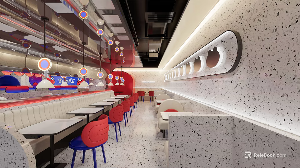 Modern Luxury Restaurant Interior With Red Chairs White Tables Circular Wall Decorations And Light Strips 3d model 