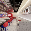 Modern Luxury Restaurant Interior With Red Chairs White Tables Circular Wall Decorations And Light Strips