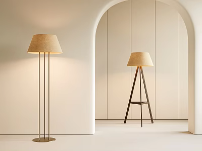 Modern Floor Lamps With Beige Fabric Shades And Metal Tripod Bases In Minimalist Interior 3d model