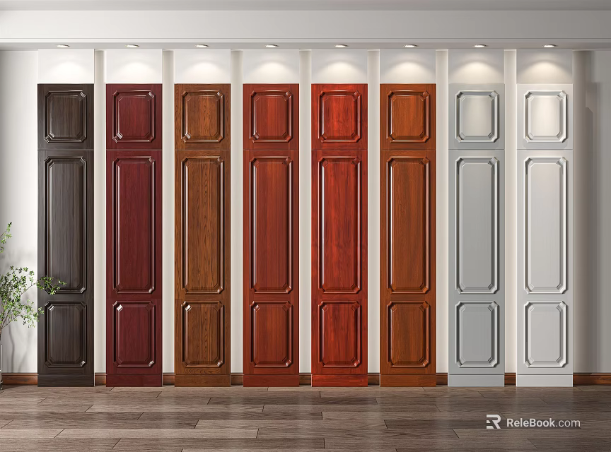 Various Colored Wooden Doors With Different Panel Designs In Row 3d model 