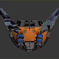 Orange Spherical Mechanical Object With Purple Blue Wings Wheels And Surface Patterns