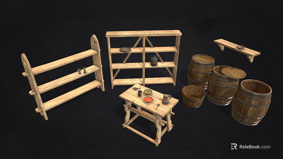 Rustic Wooden Furniture Set With Shelves Table And Barrels For Home Decor 3d model 