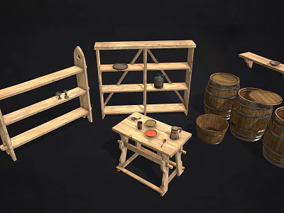 Rustic Wooden Furniture Set With Shelves Table And Barrels For Home Decor 3d model