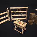 Rustic Wooden Furniture Set With Shelves Table And Barrels For Home Decor