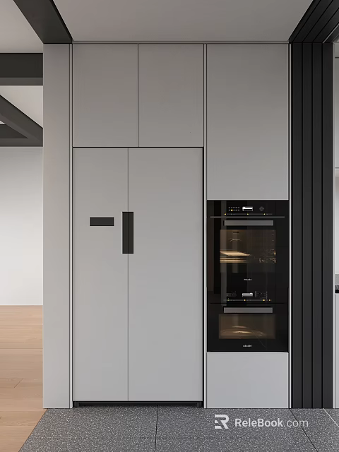 Modern Kitchen Interior Design With Gray Cabinets And Built in Black Oven 3d model