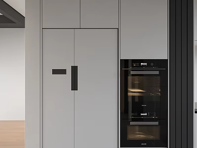 Modern Kitchen Interior Design With Gray Cabinets And Built in Black Oven 3d model