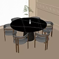 Modern Dining Table and Chairs Set Round Black Tabletop Six Gray Chairs Wooden Armrests Legs
