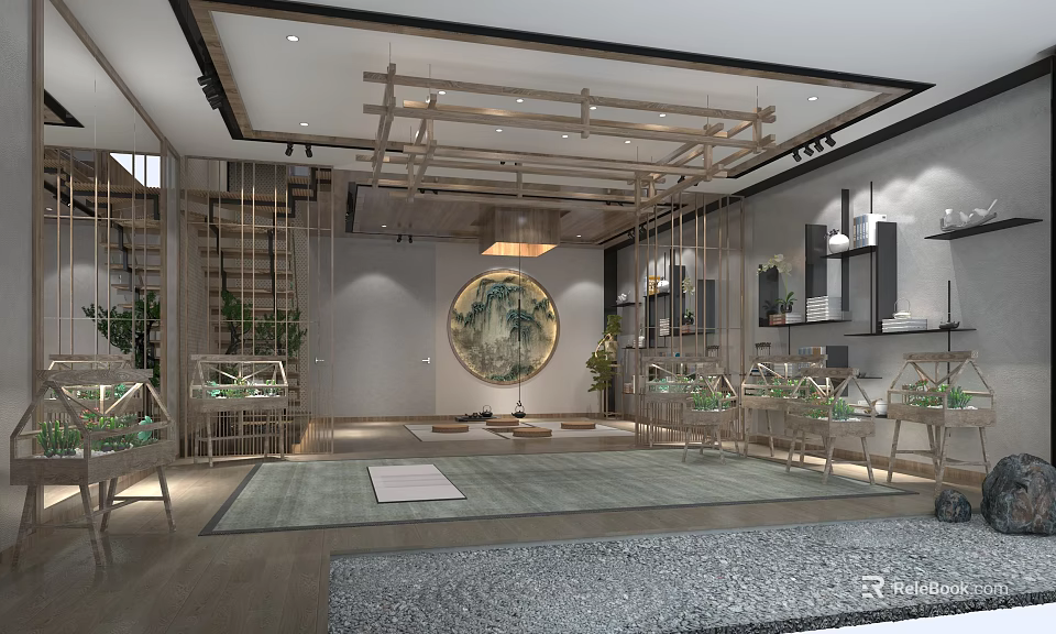 Traditional Chinese Style Fitness Studio With Wooden Structure And Green Plants 3d model 