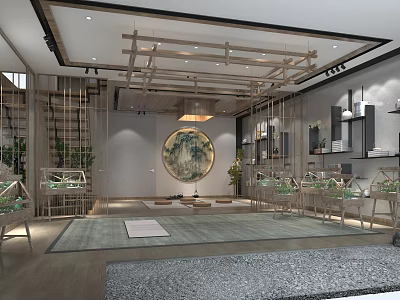Traditional Chinese Style Fitness Studio With Wooden Structure And Green Plants 3d model