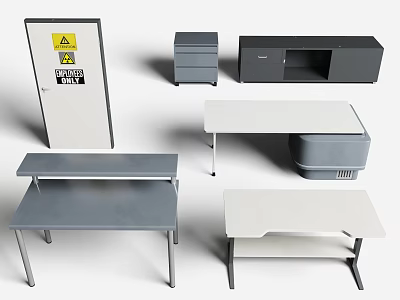 Different Style Office Desks With Gray White Tops And Matching Storage Cabinets 3d model