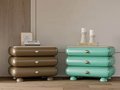 Modern Brown And Teal Bedside Tables With Drawers And Decorative Items 3d model