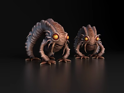 Two Alien Creatures With Glowing Yellow Eyes And Textured Bodies On Black Background 3d model