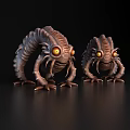 Two Alien Creatures With Glowing Yellow Eyes And Textured Bodies On Black Background