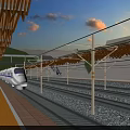 Modern High Speed Train Station Platform With Wooden Roof And Mountain Backdrop
