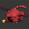 Cute Cartoon Red Horned Winged Cat Creature With Striped Tail Holding Staff With Yellow Ball