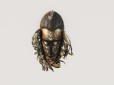 Traditional Handcrafted Wooden Mask With Intricate Carvings And Decorative Fringes 3d model