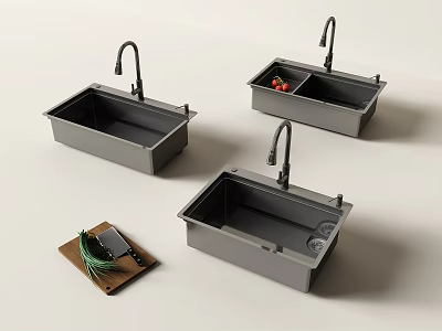 Practical Modern Kitchen Sink with Faucet Cutting Board Knife and Fresh Herbs 3d model