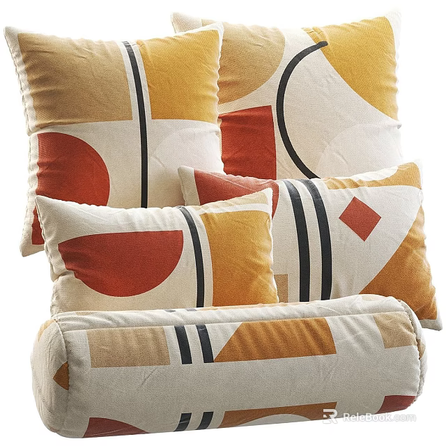 Modern Geometric Pattern Pillows with Yellow Orange Red and Black Stripes for Home Decor 3d model 