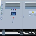 Industrial Chiller Unit with Green Cylindrical Components Control Panel and Black Cylindrical Pipes