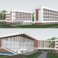 Modern School Building Exterior With Sloped Brown Roof Large Glass Windows And Green Trees