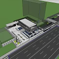 Modern Sales Office Building Exterior With Landscaping Parking Area And Road View