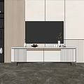 Modern White TV Stand In Living Room With Vase Bookshelf And Decorative Items