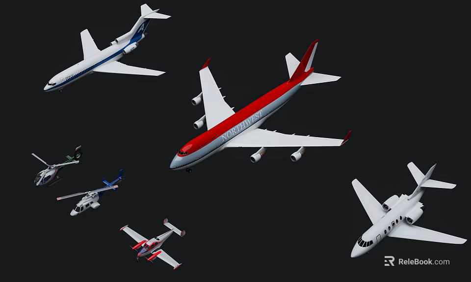 Various Passenger Planes With Different Designs Flying In Dark Background 3d model 