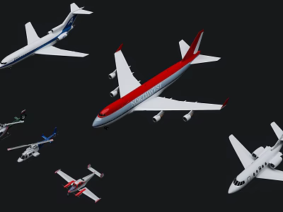 Various Passenger Planes With Different Designs Flying In Dark Background 3d model