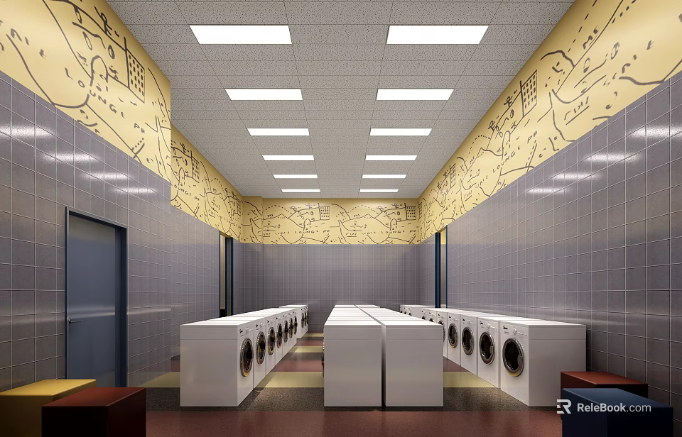 Spacious Laundry Room With Washing Machines Ceiling Lights Tiled Floor And Decorative Walls 3d model 
