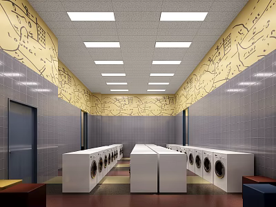 Spacious Laundry Room With Washing Machines Ceiling Lights Tiled Floor And Decorative Walls 3d model