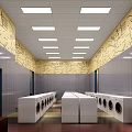Spacious Laundry Room With Washing Machines Ceiling Lights Tiled Floor And Decorative Walls
