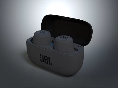 JBL Gray True Wireless Earbuds With Open Charging Case And Brand Logo 3d model